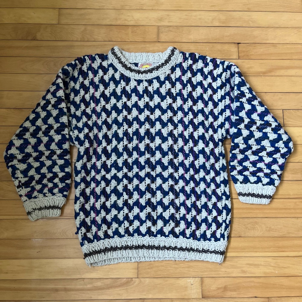 Nuevo Americana Mens Wool Sweater Blue White Geometric Handknit Ecuador Large